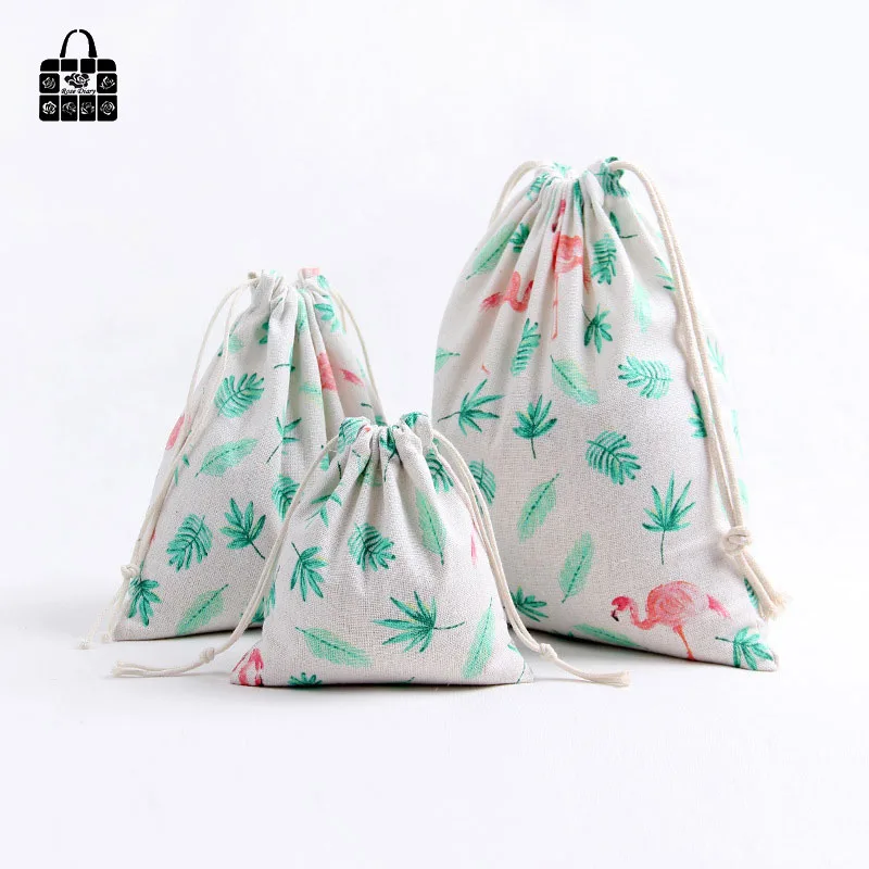 

1 pcs Green leaf flamingo 100% cotton dust bag Clothes travel Storage bag portable organizer home Sundry kids toy storage bags