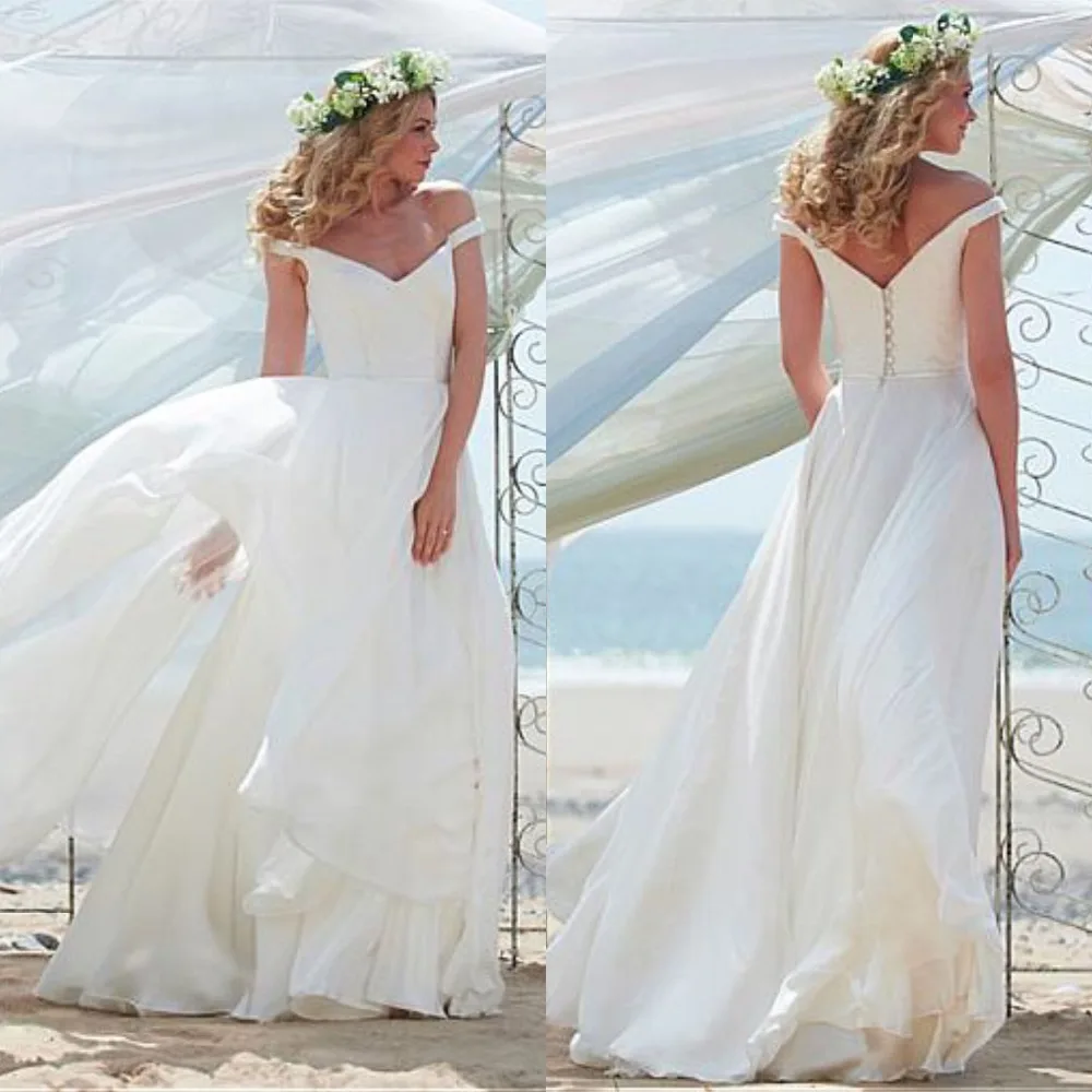 

Romantic Off the Shoulder Wedding Dress White A-Line Soft Chiffon and Satin Bridal Gowns Simple Cheap Vestidos De Noiva