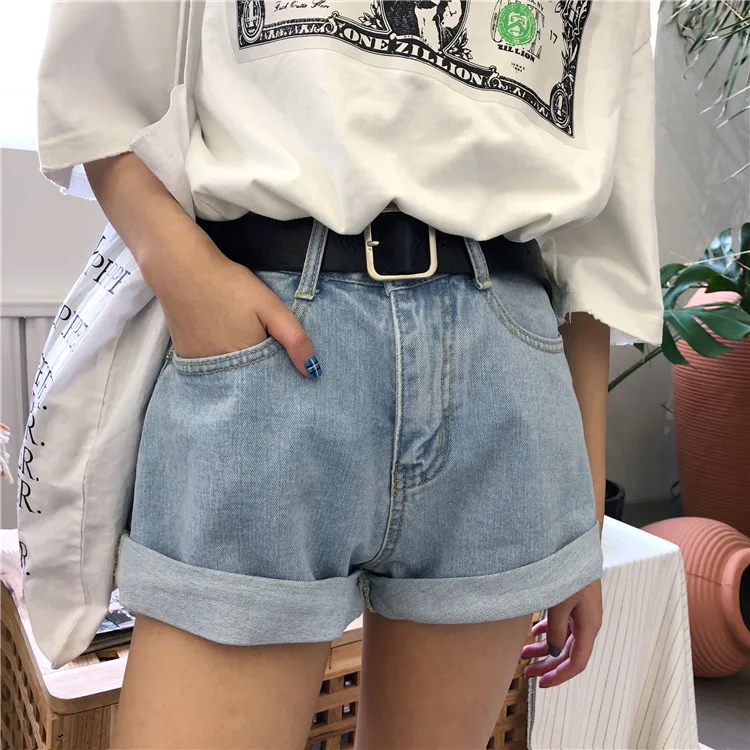 

Summer Shorts Women Streetwear High Waist Cuffs Loose Wide Leg Denim Short Feminino with Belt