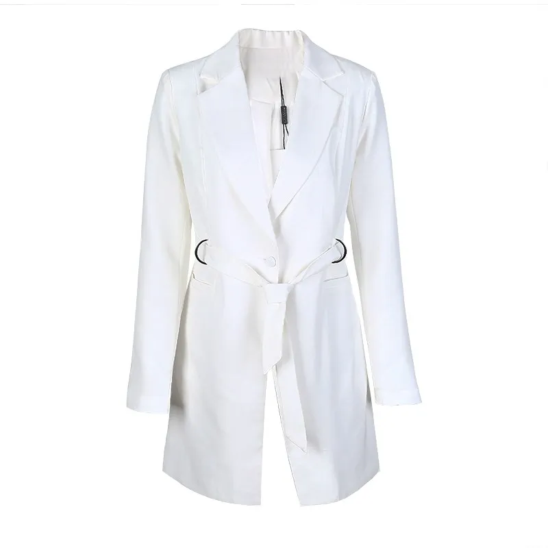 Women Fashion Autumn Sashes Slim Elegant OL Long Blazer Casual White Office Work Jacket Suit
