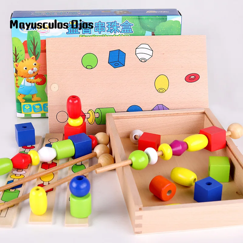 

1Set Intellectual Bead Box Wooden Large Beads Child Early Learning Shape Color Cognition Educational Toys
