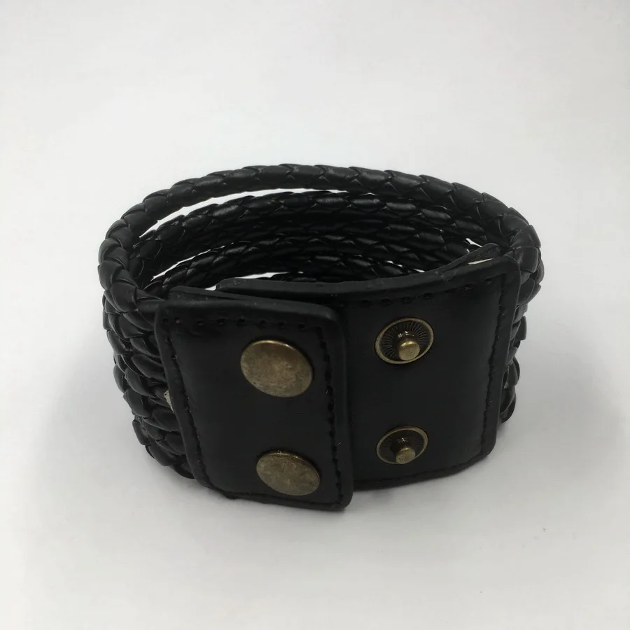 

Men Stylish Wide Black PU Leather Bracelet Punk Braided Rope Cuff Bangle Male Handmade Wrap Wristband Mens Jewelry Fashion 2019