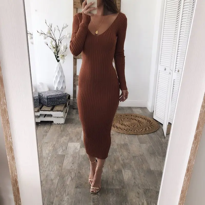 

winter elastic slim long dress Striped knitted sweater women v neck long sleeve pencil sexy midi dresses bodycon dresses Autumn