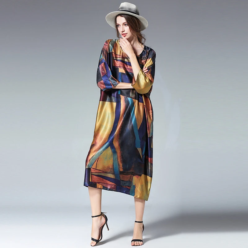 Abiti Vintage Stampa Vestito Donna Mezze Allentato Plus Maniche Party 1 Stain Silk Qualità Dress 2018 Size Primavera Estate Alta Di Casual Da HE92DI