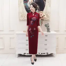 Китайское традиционное платье Для женщин длинные бархатные Cheongsam Размеры: s, чтобы 4xl