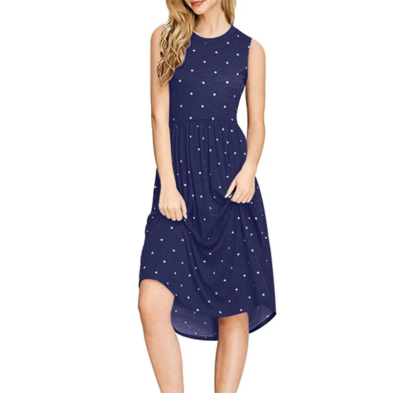  New Women Summer Fashion Pleated Polka Dot Pocket Loose Swing O-Neck Casual Midi Dress Elegant Lady Holiday Daily Dress #4R08 (15)
