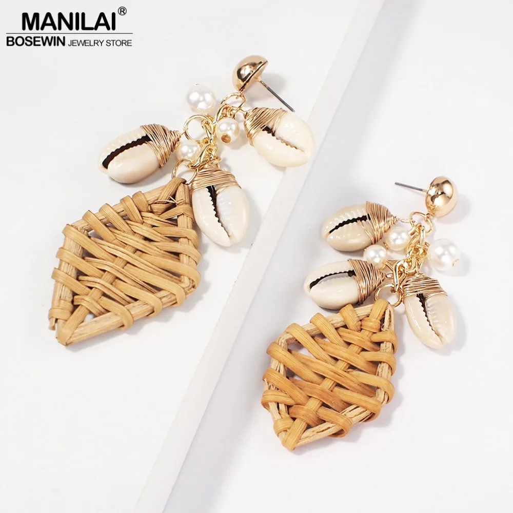 

MANILAI Geometric Straw Rattan Knit Dangle Earrings For Women Imitation Pearl Shell Statement Earrings Charm Jewelry 2019