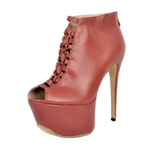 Женские ботильоны с открытым носком; цвет коричневый, красный; коллекция года; короткие весенние ботинки на платформе и высоком каблуке с перекрестными ремешками; короткие туфли; Новинка в Китае