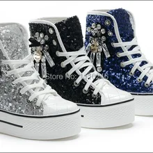 Г., Новое поступление, весенние женские модные парусиновые туфли с высоким берцем в Корейском стиле с блестками повседневные ботинки на танкетке со стразами и шнуровкой