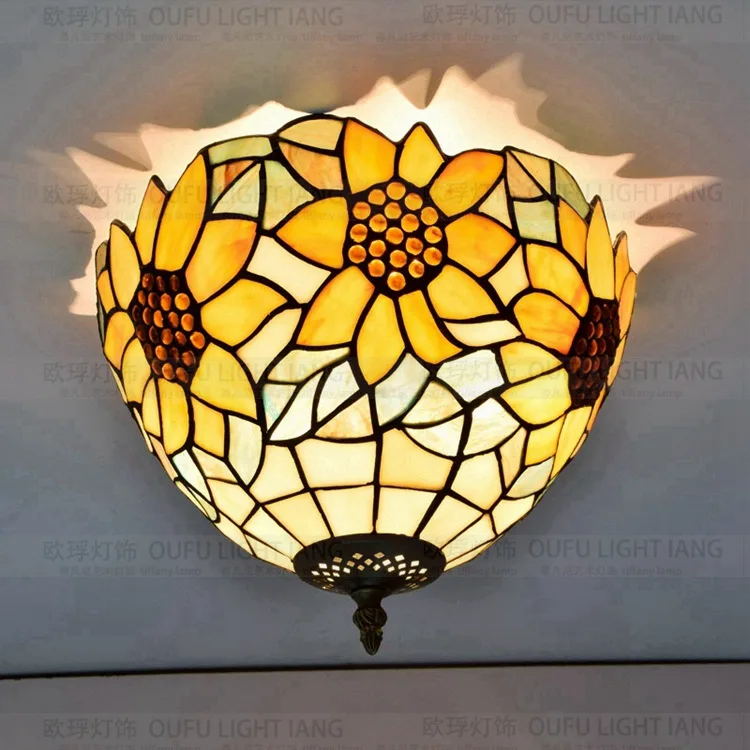 

12inch American Pastoral golden tiffany sunflower art glass ceiling light bedroom hallway entrance porch balcony bathroom lamp