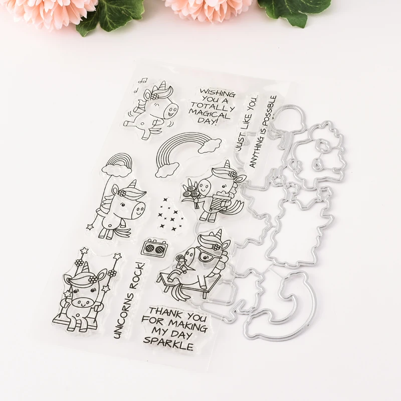 

Unicorn Metal Cutting Dies and Clear Stamp for DIY Scrapbooking Photo Album Decoretive Embossing Stencial