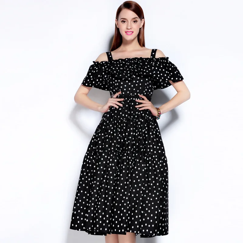 

2018 Autumn Newest Brand Fashion Style A-Line Slash Neck Off the Shoulder Ruffled Dots Print Elegant Long Dresses Women