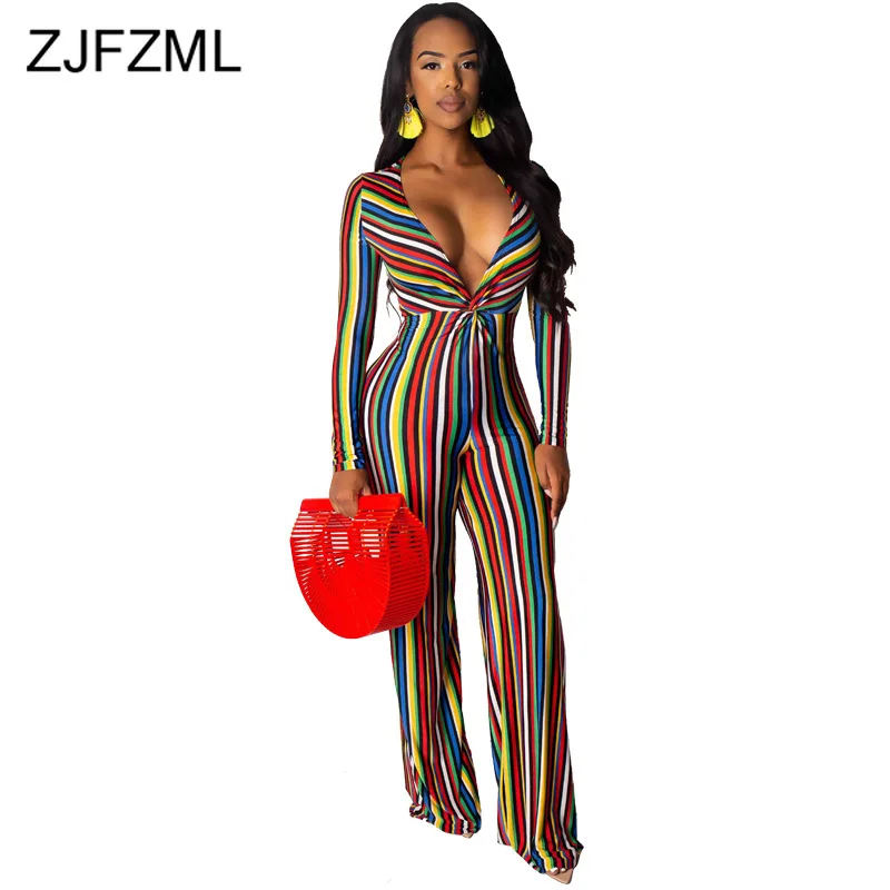 

Rainbow Striped Rompers Womens Jumpsuit Deep V Neck Long Sleeve Long Wide Leg Bodysuit Elegant High Waist One Piece Club Overall