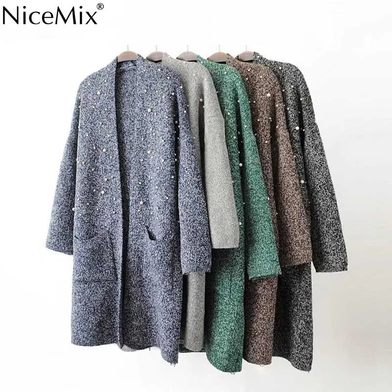 

NiceMix 2019 Autumn Winter Long Knitted Cardigan Women Pearl Beading Female Loose Casual Sweater Coats Sweater Jacket Jumpers