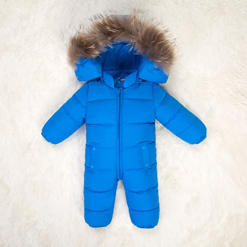 Зимний комбинезон для новорожденных; пуховые куртки с капюшоном и натуральным мехом для маленьких мальчиков и девочек; зимняя одежда на белом утином пуху; зимняя верхняя одежда; комбинезоны; Z141