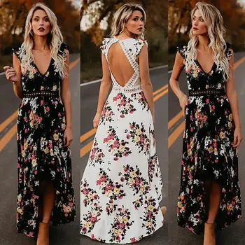 

Hot Women Summer Dress Floral Black White Asymmetrical Long Dress Casual lange Maxi Abend Party Cocktail Strandkleid Sommerkleid