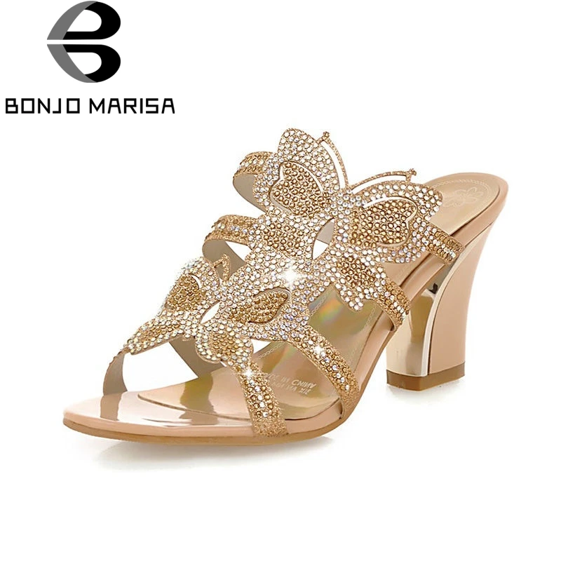 

BONJOMARISA Summer Fashion Hot Sale Butterfly Women Mules Bling High Heels Pumps Big Size 32-43 Casual Shoes Woman