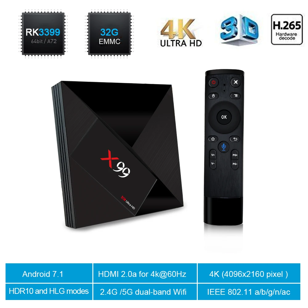 X99 4GB 64GB Rockchip RK3399 4K Smart Android 7.1 TV BOX X99 Voice remote 2.4G 5G Dual WIFI BT4.1 set top box X99 Media Player