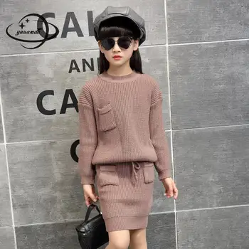 

YAUAMDB kids clothing set winter 4-15Y girls knitwear 2pcs suits pullover sweaters+skirt pocket children's solid clothes ly52