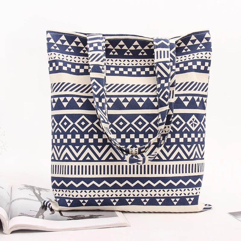 

YILE Handmade Cotton Linen Eco Reusable Shopping Shoulder Bag Tote Zigzag Line Blue L116 BLU