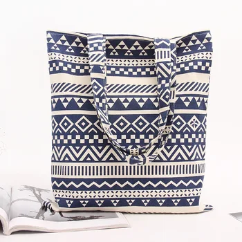 

YILE Handmade Cotton Linen Eco Reusable Shopping Shoulder Bag Tote Zigzag Line Blue L116 BLU