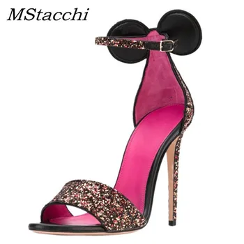 

MStacchi Sexy Mickey Ears Decor Buckle Strap Woman Sandals Summer Black Rose Red Mix Color Woman Peep Toe Socke Fashion Sandals