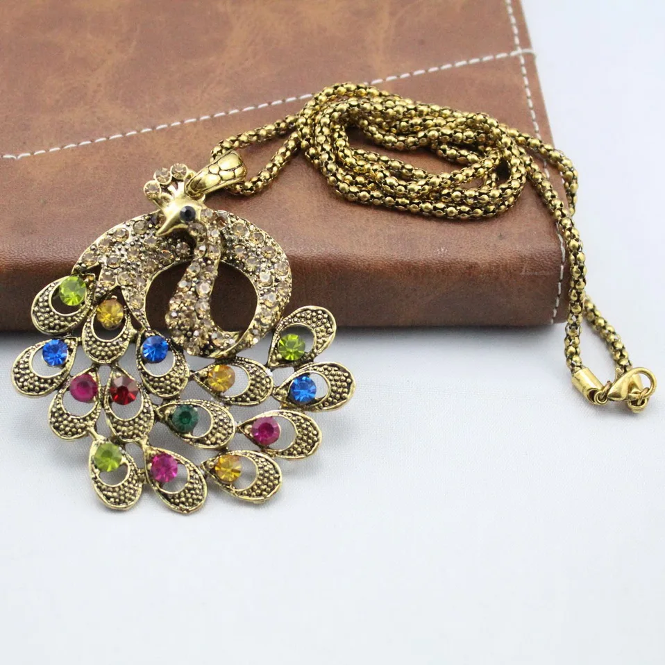 

Vintage Gold Long Chain Bird Colorful Peacock Pendant Necklace for Women 2019