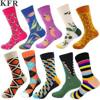 

Brand Quality Mens Happy Socks Striped Plaid Diamond Cherry Socks Men Combed Cotton Calcetines Largos art harajuku funny socks