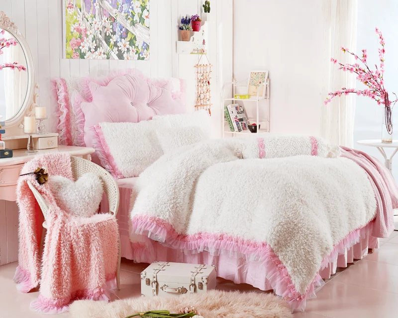 

Thick Fleece Pink White Purple Princess Girls Bedding Set King Queen Full Twin Lace Duvet cover Bed Skirt set Pillowcases Gift