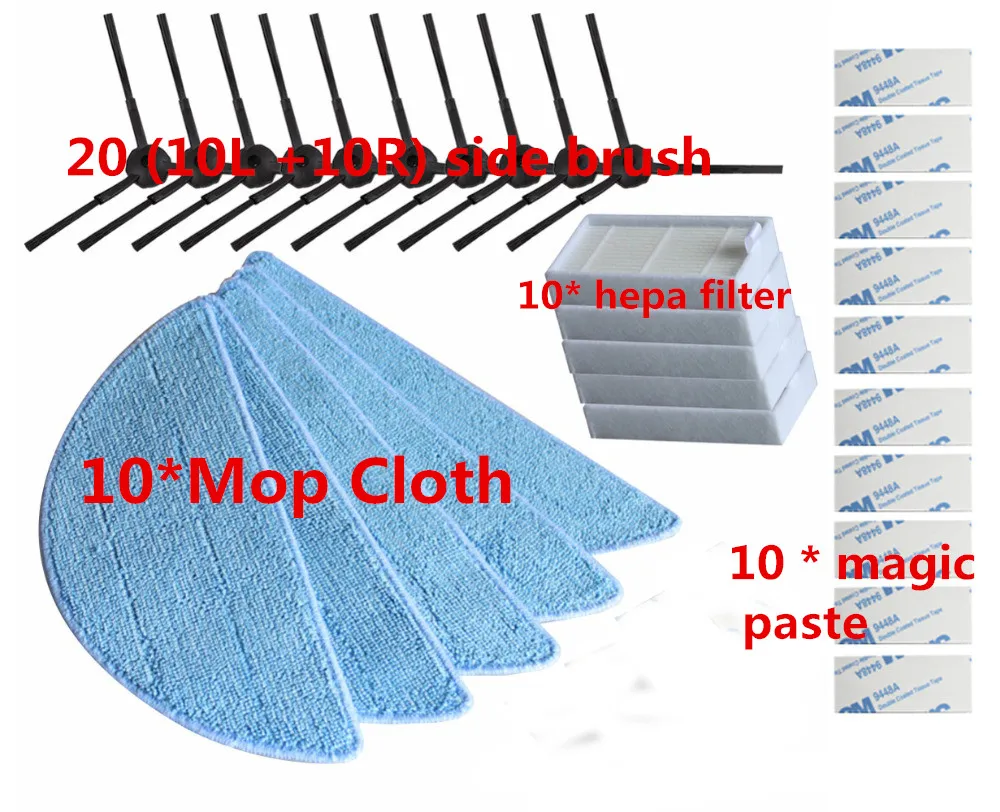 

20*side Brush+10*hepa Filter+10*Mop Cloth+10*magic paste for ilife v5s ilife v5 pro ilife x5 V3+V5 V3 v5pro vacuum cleaner parts