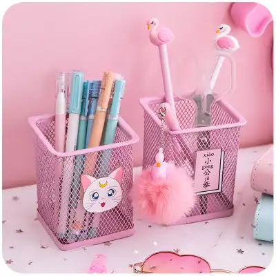 Kawaii Desk Girl S Pink Pen Holder Square Round Metal Mesh Pencil