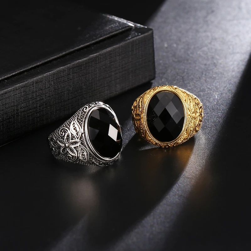 

US7 Stainless Steel Obsidian Natural Stone Wedding Rings Punk Rock Finger Genuine Austria Ring For Men Women Sale Jewelry Gift