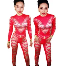 Черная красная повязка телесный комбинезон со стразами стрейч сексуальный боди Ночной клуб Сценическое танцевальное шоу женская одежда на день рождения