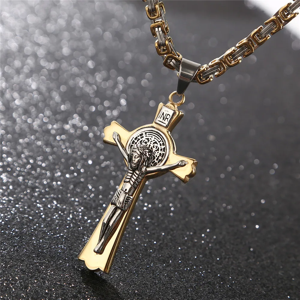 10pcs/Lot Stainless Steel Saint Catholic Benedict Crucifix San Benedicto St Benedict Necklace Crucifix Byzantine Chain