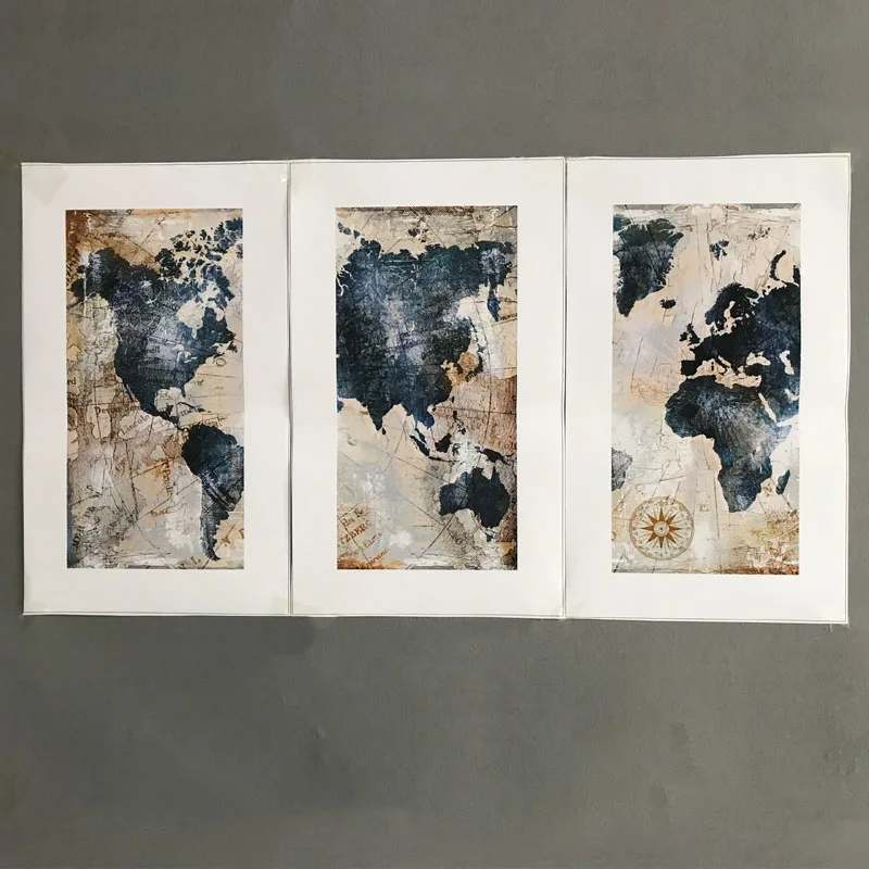 3Panel Watercolor World Map Modular Painting Posters and Prints on Canvas Scandinavian Cuadros Wall Art Picture For Living Room