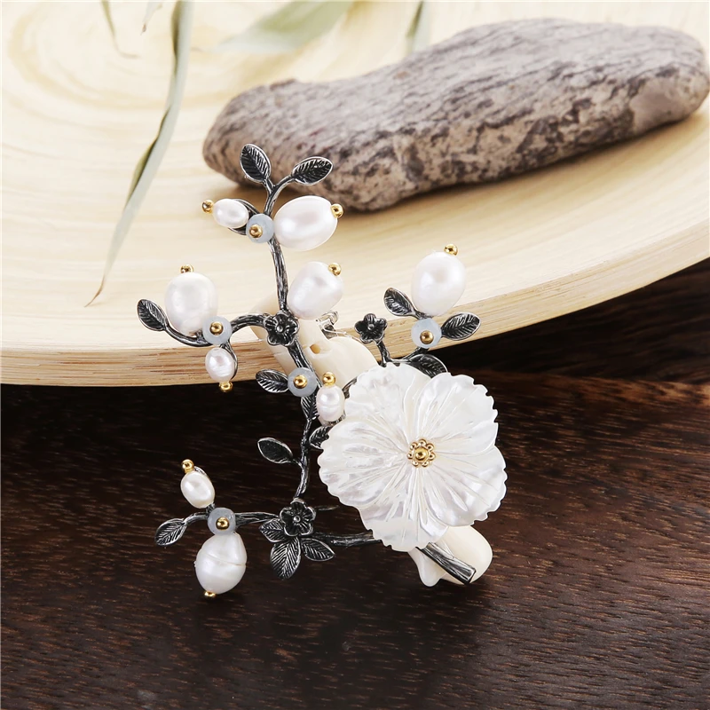 TDQUEEN Brooches Antique Silver Plated Handmade Broches High Quality Pin Jewelry Freshwater Pearl Shell Flower Brooch for Women