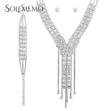 SOLEMEMO 3PCS Luxury Rhinestone Jewelry Set for Women Crystal Statement Necklace Charm Bracelet and Earrings Sets Silver N5866