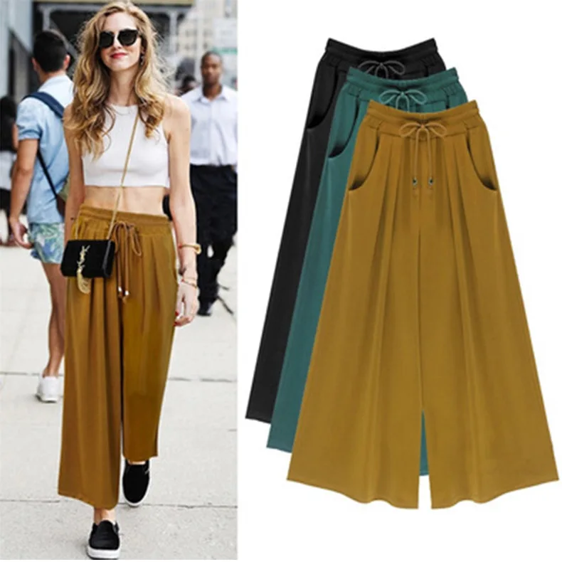 2019 Woman Wide Leg Pants Loose Drawstring Casual Ankle Length Pockets