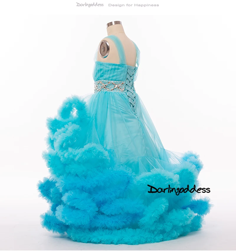 Голубое Пышное Платье для девочек; блестящее бальное платье; платье с облаками и цветами для девочек на свадьбу; коллекция года; платья для первого причастия с оборками