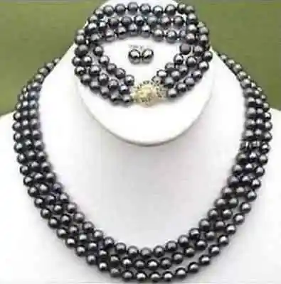 

Free Shipping >> 3strands AAA+9-10mm South Sea black Pearl Necklace Bracelet earring set17"18"19'