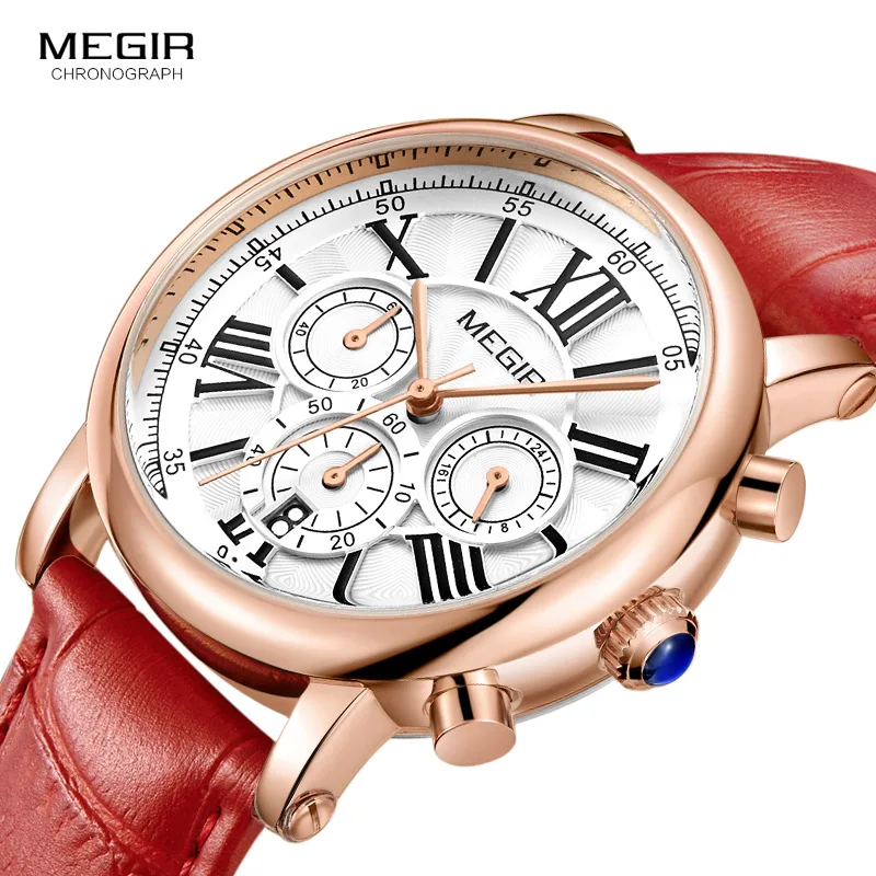 

Megir 24 Hours Display Chronograph Analogue Quartz Watch for Lady Girl Women's Fashion Waterproof Red Leather Strap Wristwatch