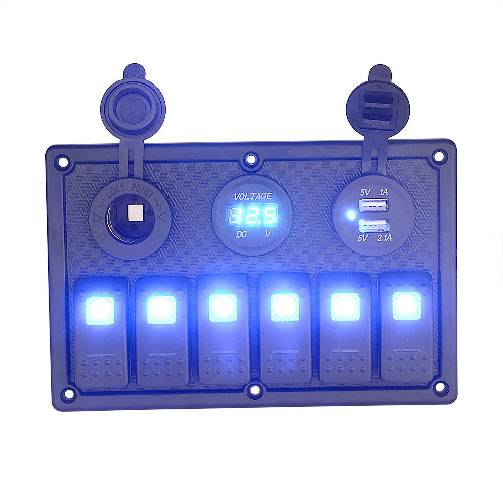 AUTO 6 Gang 18 CM Waterproof Marine Blue Led Switch Panel With Power