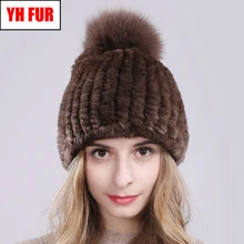 Зимний натуральный настоящий мех кролика шапка для женщин Elasitc Теплый ручной работы вязаный Настоящий мех кролика шапки s помпоны из лисьего меха шапочки