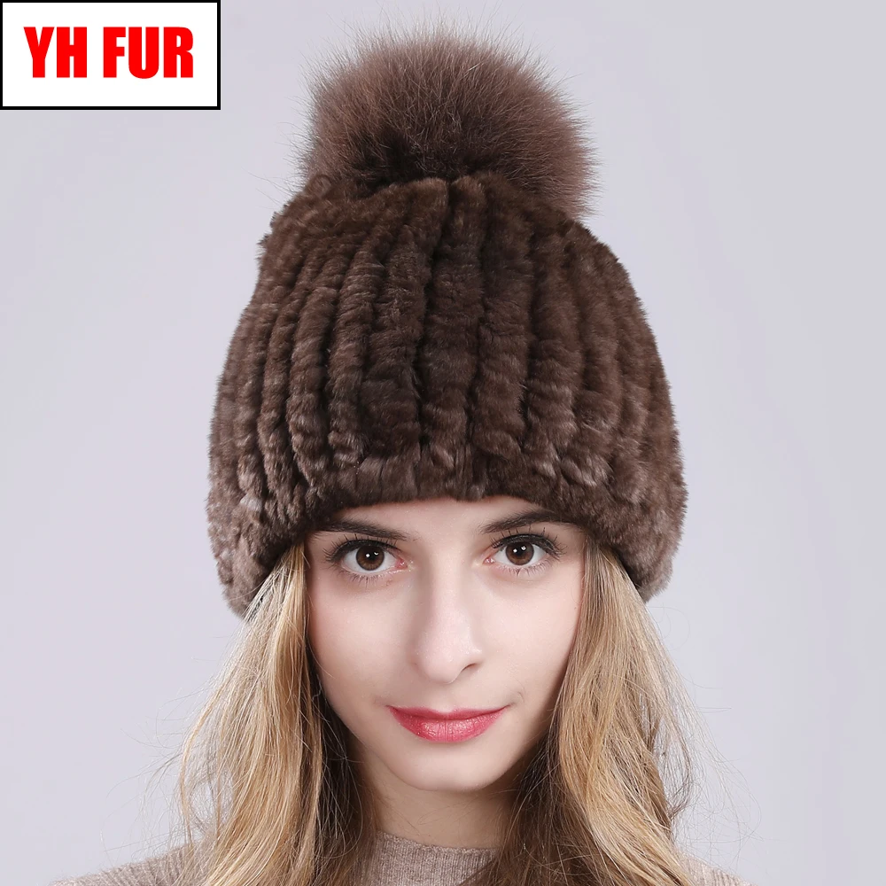 

Winter Natural Real Rex Rabbit Fur Hat Women Elasitc Warm Handmade Knitted Real Rex Rabbit Fur Caps Fox Fur Pompoms Beanies Cap
