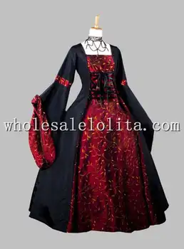 

Gothic Black and Dark Red Print Kimono Sleeves Victorian Era Dress Historical Halloween Costume