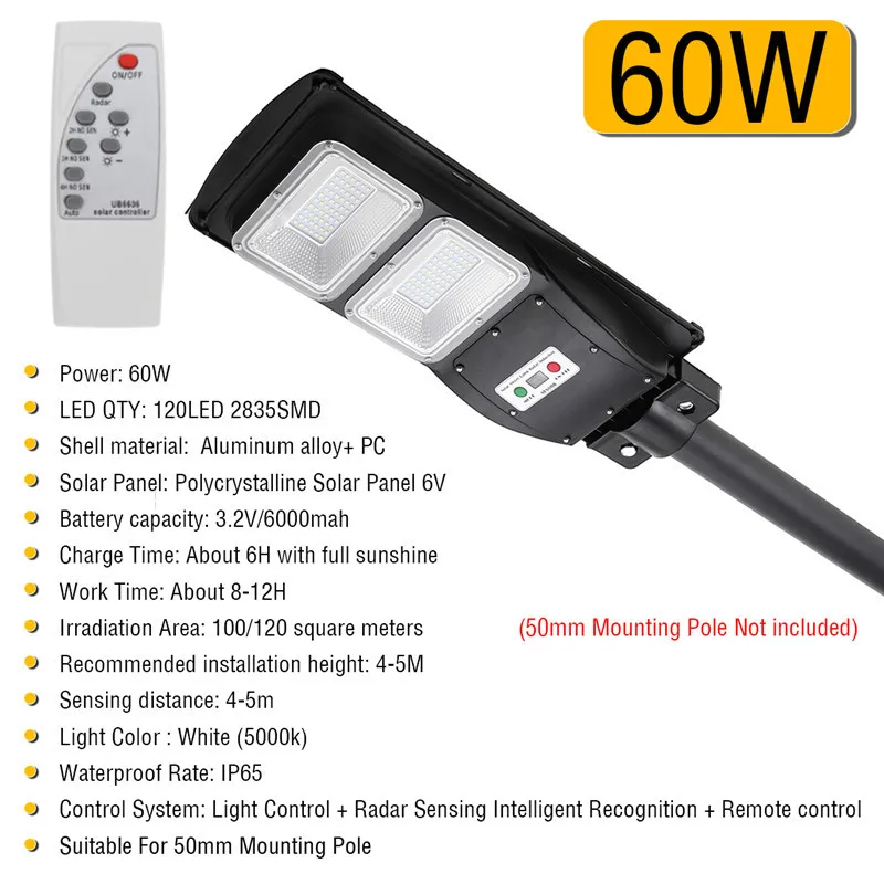 

Mising LED Solar Street Light 60W Radar PIR Motion Sensor +Timing +Remote Solar Lamp Waterproof for Garden Yard Street Lights