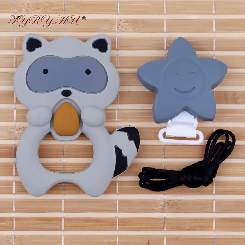 

TYRY.HU Raccoon Silicone Teether Baby Teething Ring Accessories Food Grade Silicone Raccoon With Pacifier Clips Holder