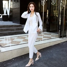 Jassion&Rainy 2018 Spring Fashion Temperament Pure Waist Collar Suit Sleeve Double Breasted Button Women Suits