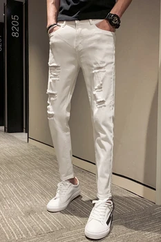 

Hole jeans men's nine pants summer thin section white pants 9 points trend Korean version of the slim feet pants