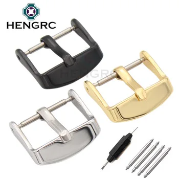 HENGRC Solid Stainless Steel Watch Band Clasp 16 18 20 22 24mm Silver Gold Black Metal Leather Watchband Strap Pin Buckle Belt
